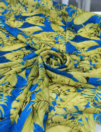 Tecido Crepe Chiffon Italiano Macro Folhas Amarelo e Azul