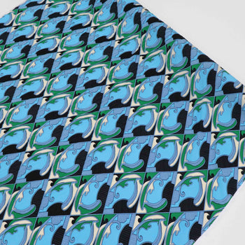 Tecido Viscose Italiana Desenho Abstrato Verde e Azul