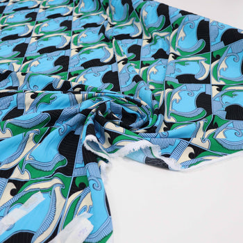 Tecido Viscose Italiana Desenho Abstrato Verde e Azul