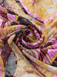 Tecido Crepe Chiffon Brocado Desenhos Abstratos Tons Terrosos e Rosa