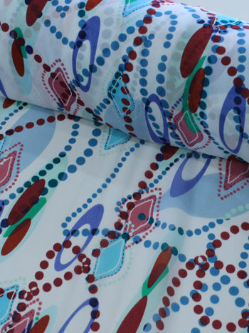 Tecido Crepe Chiffon Circulos e Pontilhados Azul e Marsala