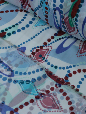 Tecido Crepe Chiffon Circulos e Pontilhados Azul e Marsala