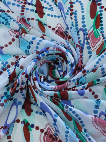 Tecido Crepe Chiffon Circulos e Pontilhados Azul e Marsala
