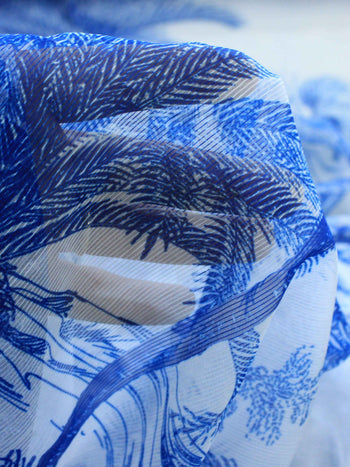 Tecido Cambraia de Algodão Paisagens Azul e Branco