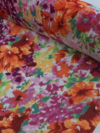 Tecido Crepe Chiffon Floral Tons de Rosa e Laranja