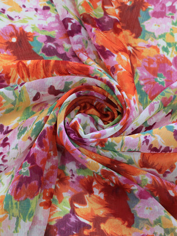 Tecido Crepe Chiffon Floral Tons de Rosa e Laranja