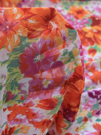 Tecido Crepe Chiffon Floral Tons de Rosa e Laranja