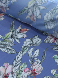 Tecido Crepe Acetinado Flores Azul Indigo