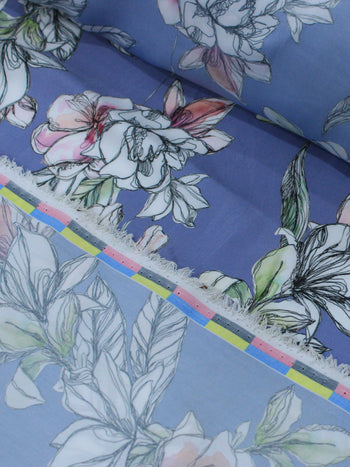 Tecido Crepe Acetinado Flores Azul Indigo