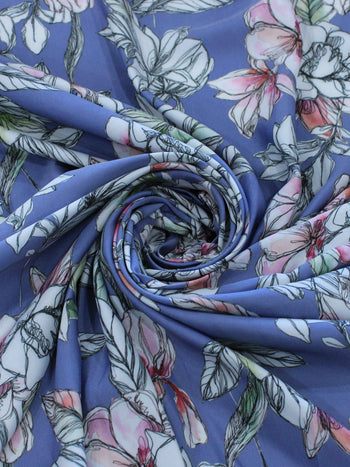 Tecido Crepe Acetinado Flores Azul Indigo