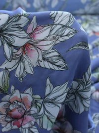 Tecido Crepe Acetinado Flores Azul Indigo