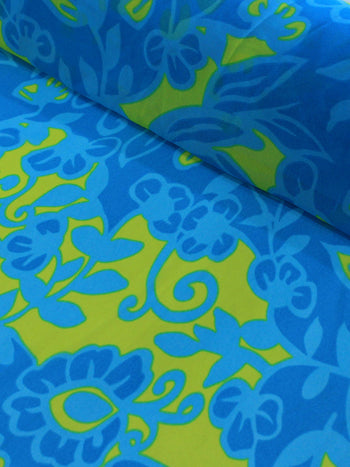 Tecido Crepe Chiffon Flores Abstratas Verde e Azul