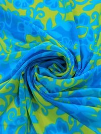 Tecido Crepe Chiffon Flores Abstratas Verde e Azul
