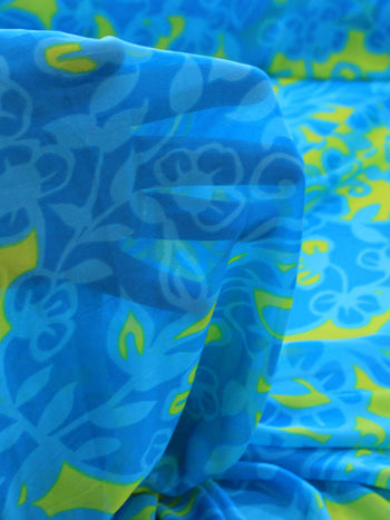 Tecido Crepe Chiffon Flores Abstratas Verde e Azul