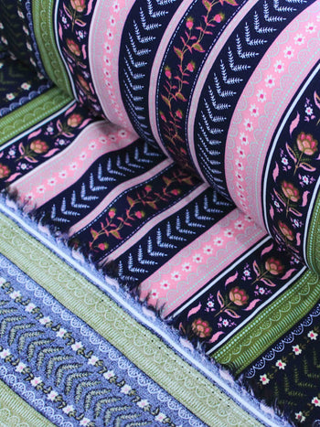 Tecido Viscose Flores Barrado Preto Verde e Rosa