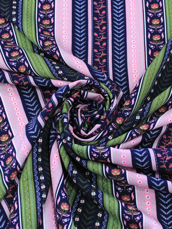 Tecido Viscose Flores Barrado Preto Verde e Rosa