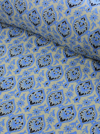 Tecido Viscose Simbolos E flores Azul Preto e Bege