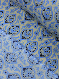 Tecido Viscose Simbolos E flores Azul Preto e Bege