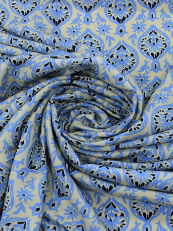 Tecido Viscose Simbolos E flores Azul Preto e Bege