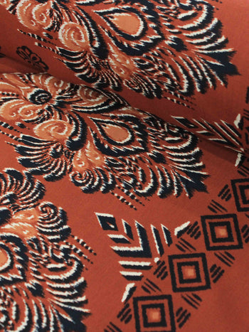 Tecido Viscose Barrado Simbolos Étnicos Terracota