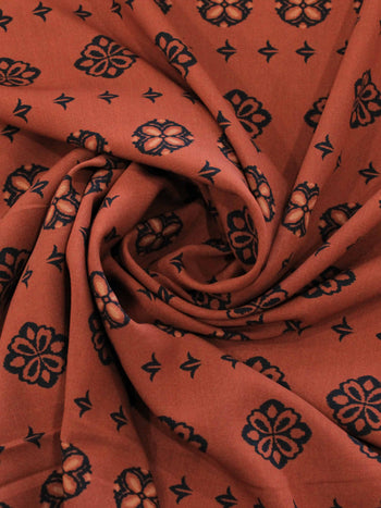 Tecido Viscose Barrado Simbolos Étnicos Terracota