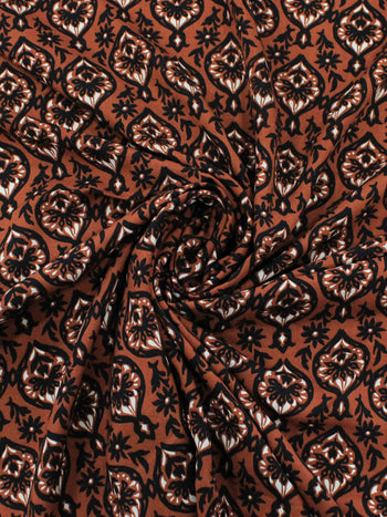 Tecido Viscose Simbolos e Flores Terracota e Preto
