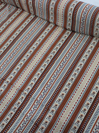 Tecido Viscose Listra Ramos e Flores Marrom Bege e Azul