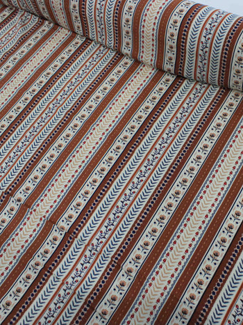 Tecido Viscose Listra Ramos e Flores Marrom Bege e Azul
