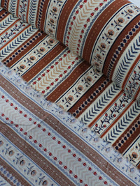 Tecido Viscose Listra Ramos e Flores Marrom Bege e Azul