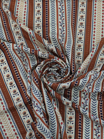 Tecido Viscose Listra Ramos e Flores Marrom Bege e Azul
