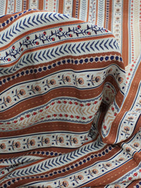 Tecido Viscose Listra Ramos e Flores Marrom Bege e Azul