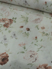 Tecido Linho Flores Rosa Verde e Bege
