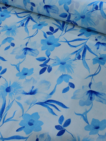 Tecido Linho Misto Flores Azul e Branco