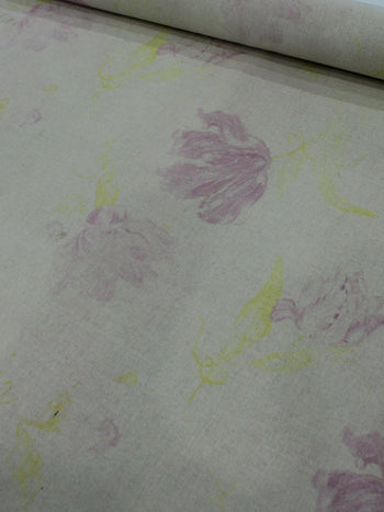 Tecido Linho Misto Aquarela Flores Rosa e Amarelo