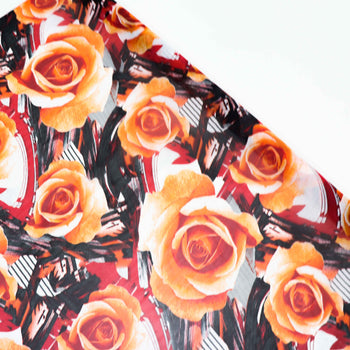 Tecido Crepe Chiffon Grosso Italiano Macro Rosas Laranja