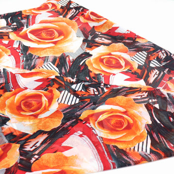 Tecido Crepe Chiffon Grosso Italiano Macro Rosas Laranja