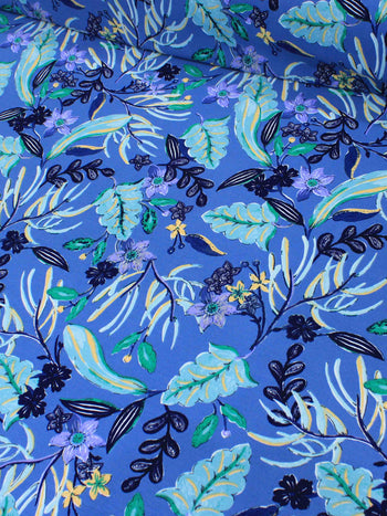 Tecido Crepe Koshibo Flores Azul e Verde