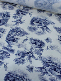 Tecido Viscose Premium Paisagem Tropical Azul e Off-White