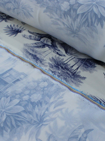 Tecido Viscose Premium Paisagem Tropical Azul e Off-White