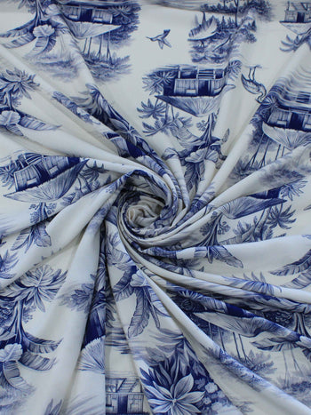 Tecido Viscose Premium Paisagem Tropical Azul e Off-White