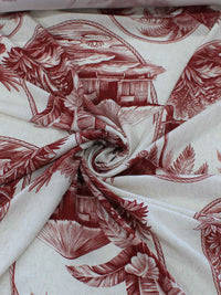Tecido Viscose Premium Toile de Jouy Tropical Vinho e Creme