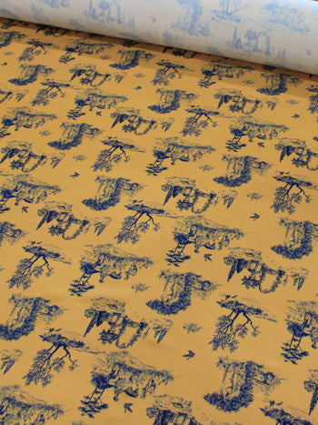 Tecido Viscose Premium Paisagem Savana Mostarda e Azul