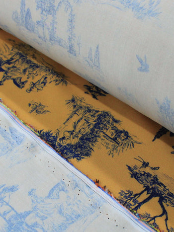 Tecido Viscose Premium Paisagem Savana Mostarda e Azul