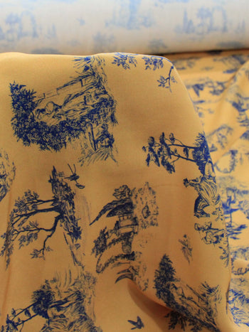 Tecido Viscose Premium Paisagem Savana Mostarda e Azul