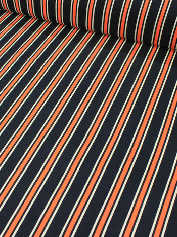 Tecido Viscose Listrado Preto, Laranja e Branco