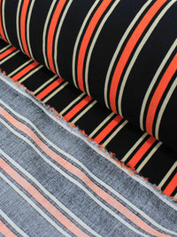 Tecido Viscose Listrado Preto, Laranja e Branco