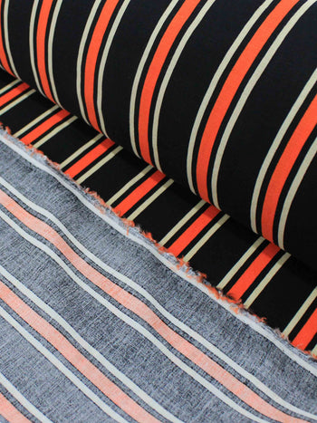 Tecido Viscose Listrado Preto, Laranja e Branco
