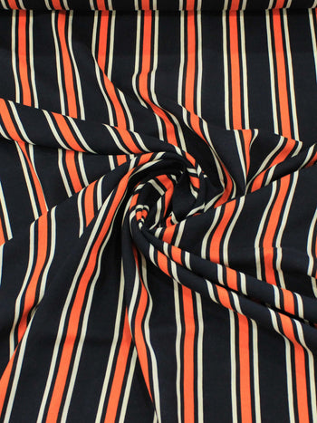 Tecido Viscose Listrado Preto, Laranja e Branco