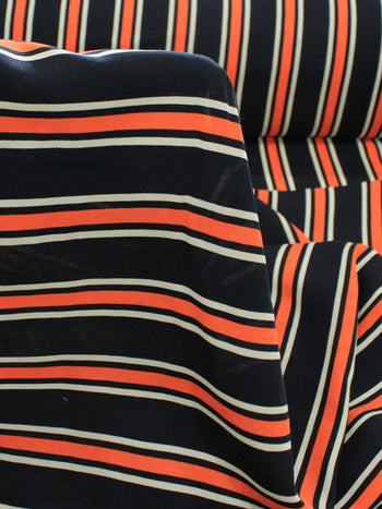 Tecido Viscose Listrado Preto, Laranja e Branco