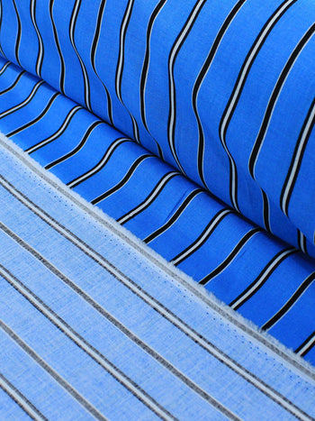 Tecido Viscose Listrado Azul, Branco e Preto